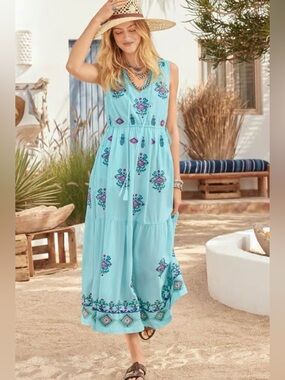 Sundance Mint Green Embroidered Midi Dress